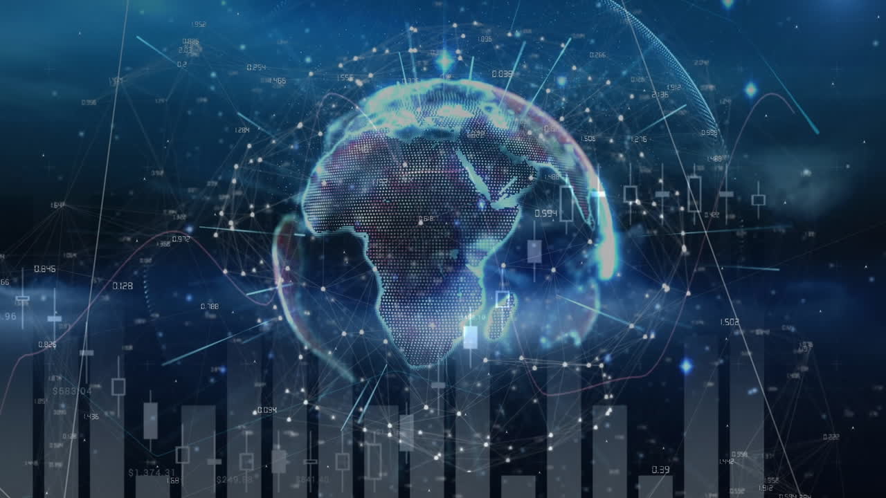 Animation of data processing and statistics over globe on dark back ground