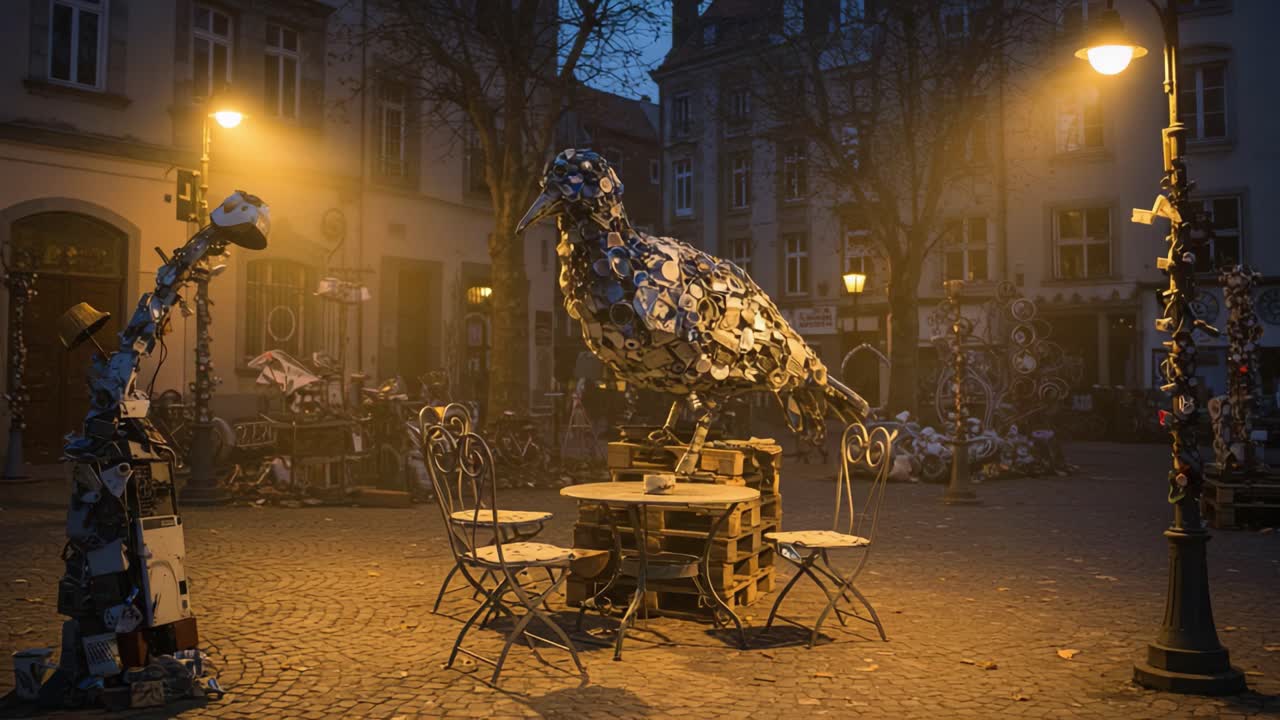 A Unique Sculpture of a Giant Bird Made from Recycled Materials Commands Attention in a Twilight Urban Square, Surrounded by Enigmatic Shadows and Warm Streetlights