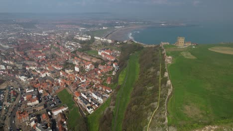 aerial view scarborough castle landmark ruins overlooking british harbour town