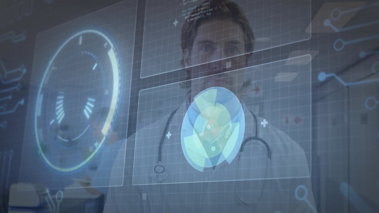 Male doctor interacting with medical holographic circular charts in lab, displaying diagnostic data