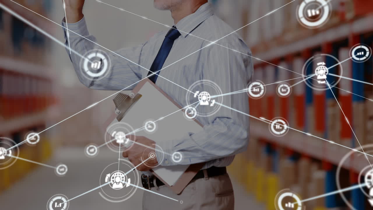 animación de las conexiones de red con iconos de globo y estadísticas