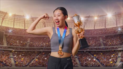 woman athlete celebrating victory in sports arena