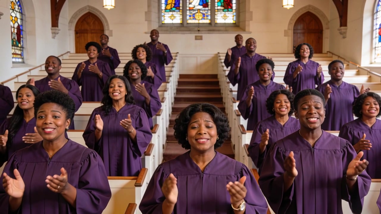 Singing choir in purple robes responding as hymn begins, building swell and clapping near windows