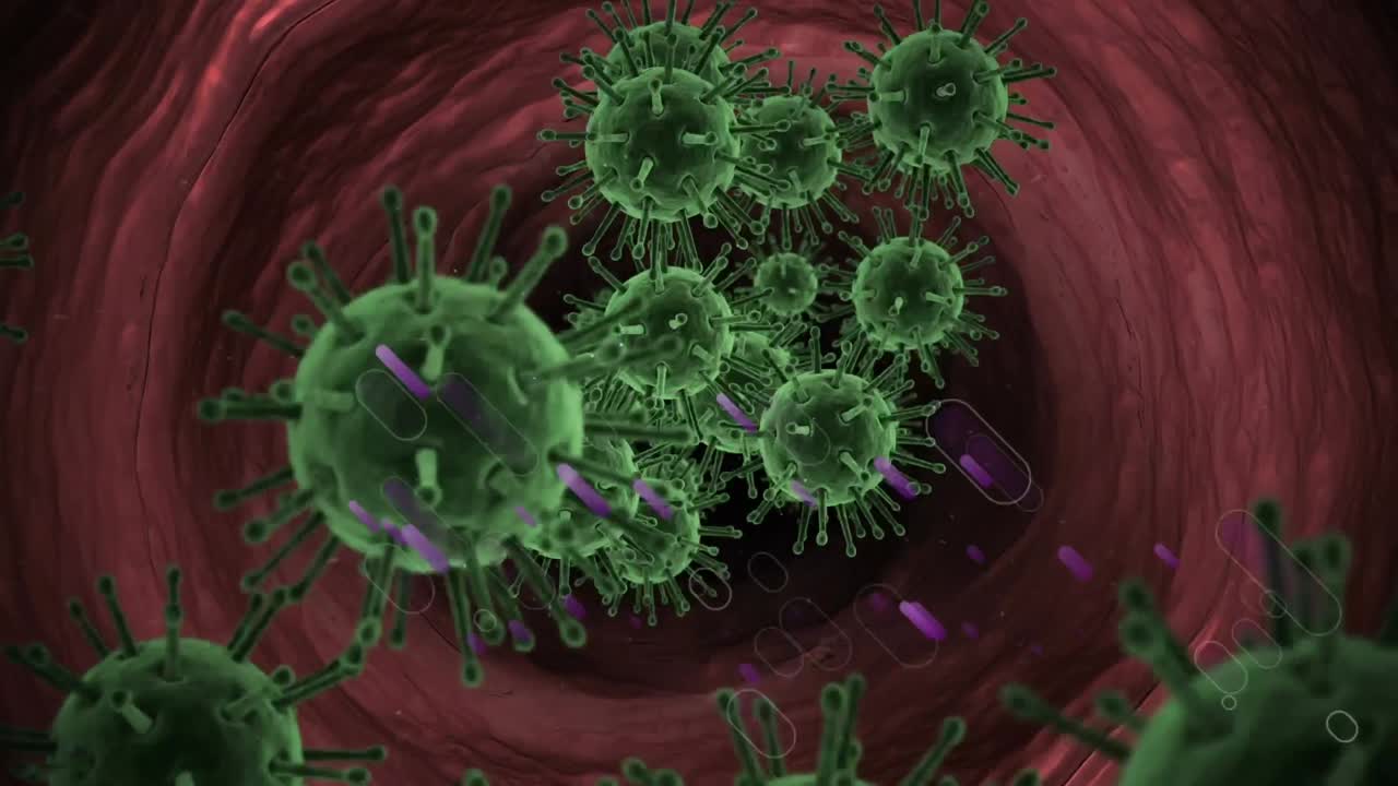 animación de rastros de luz púrpura sobre células de covid 19 verdes flotantes