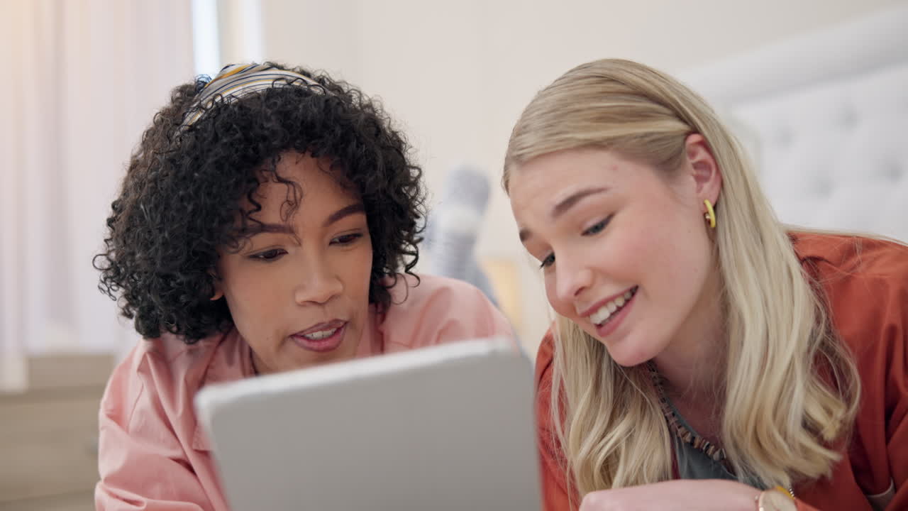 Women, tablet and friends on a bed with social