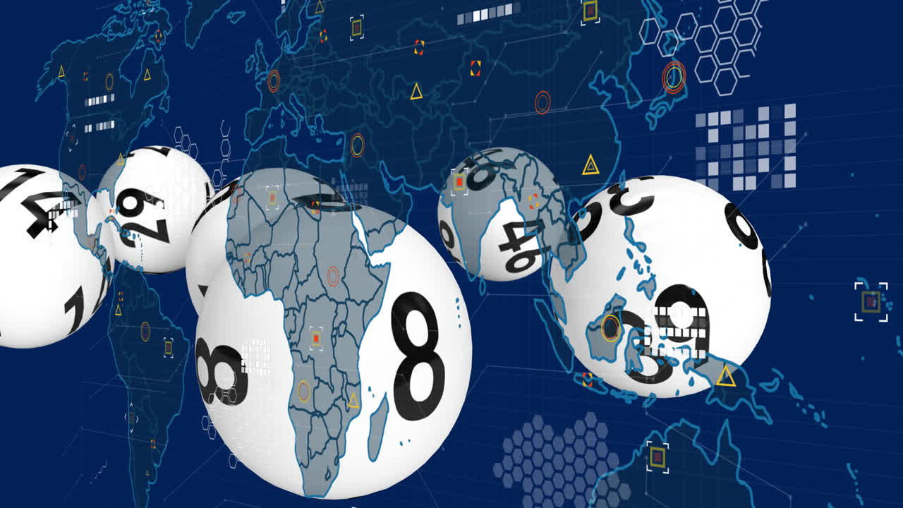 데이터 처리 및 세계 지도의 애니메이션은 숫자를 가진 공을 통해