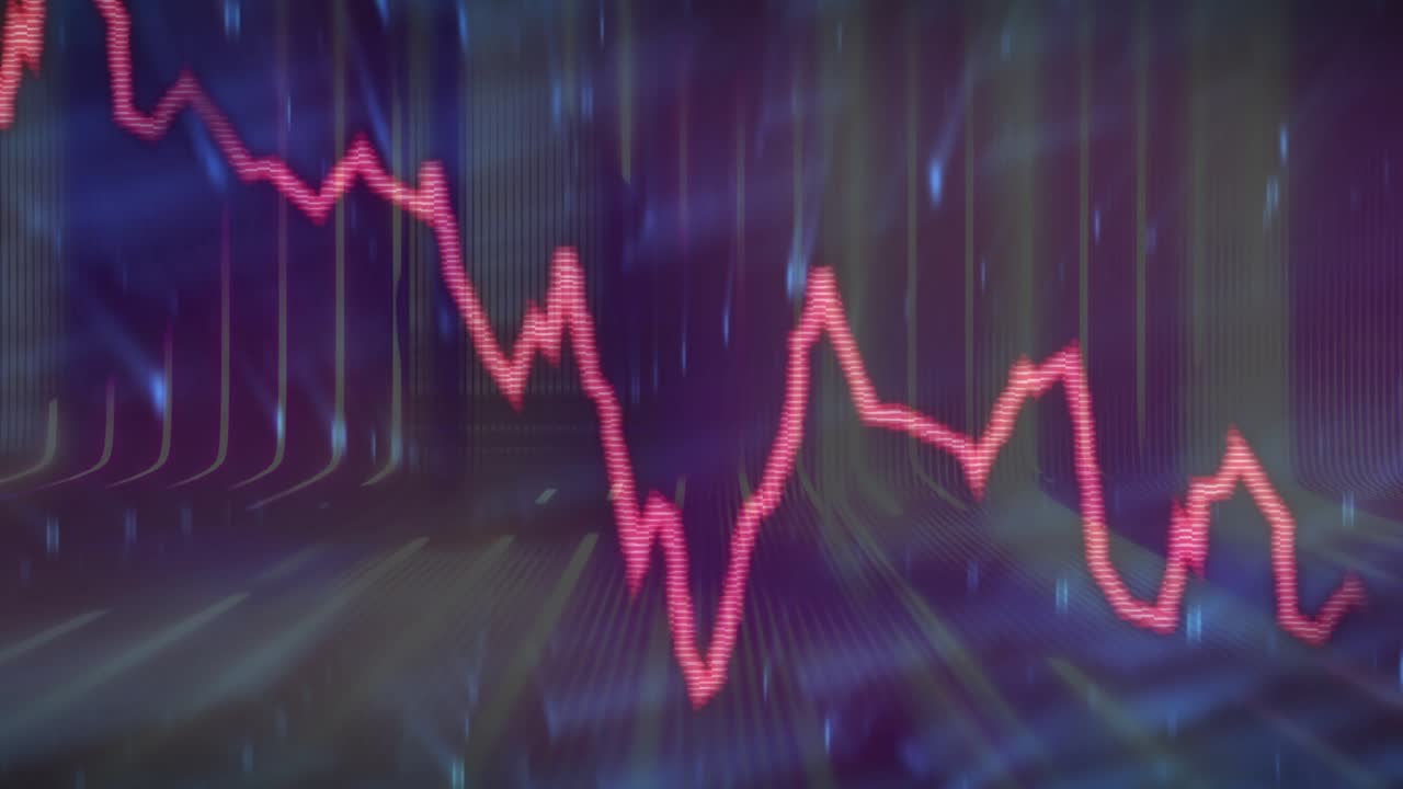 Opening neon red chart plunging and rising over blue 3D grid to visualize live data feed