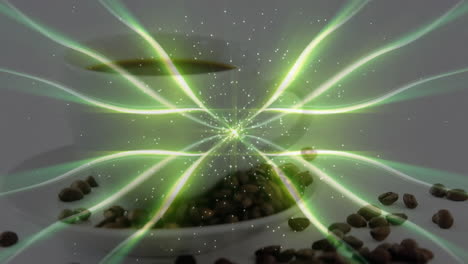 3D render visualizing white ceramic coffee cup saucer glowing with green energy rays, beans dancing