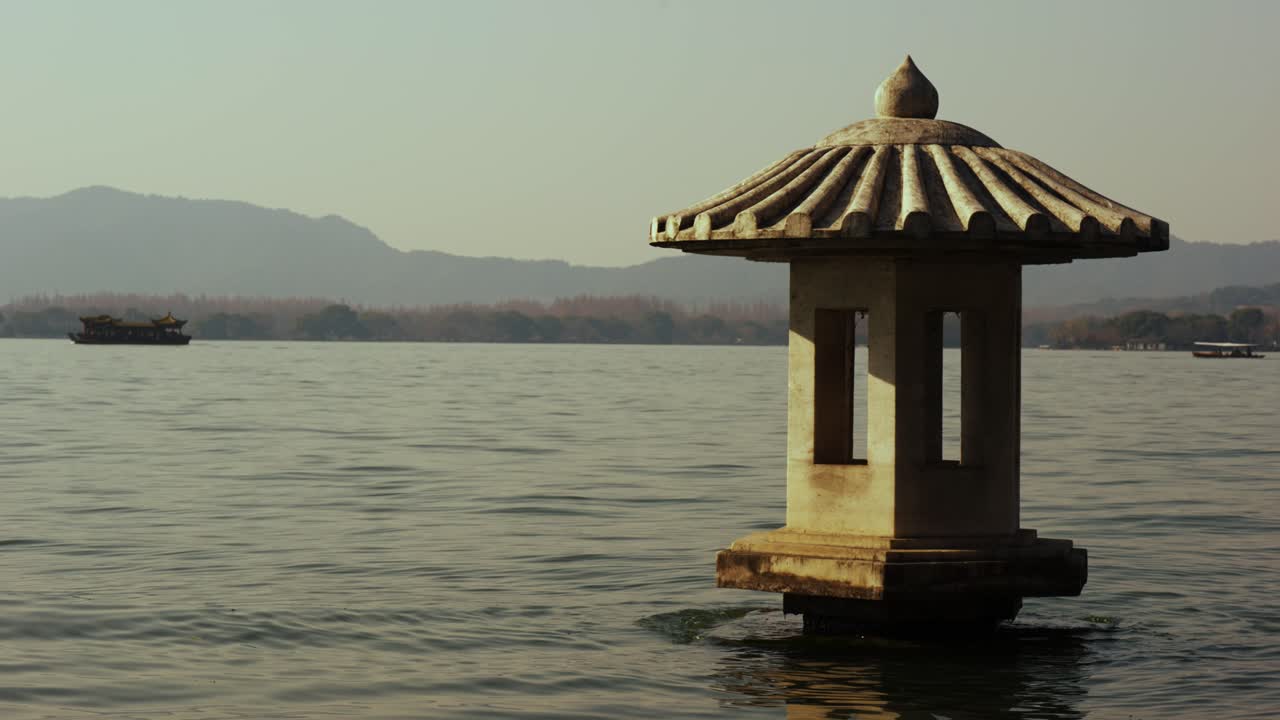 Iconic Stone Marker with Boats and Hills on West Lake Xihu