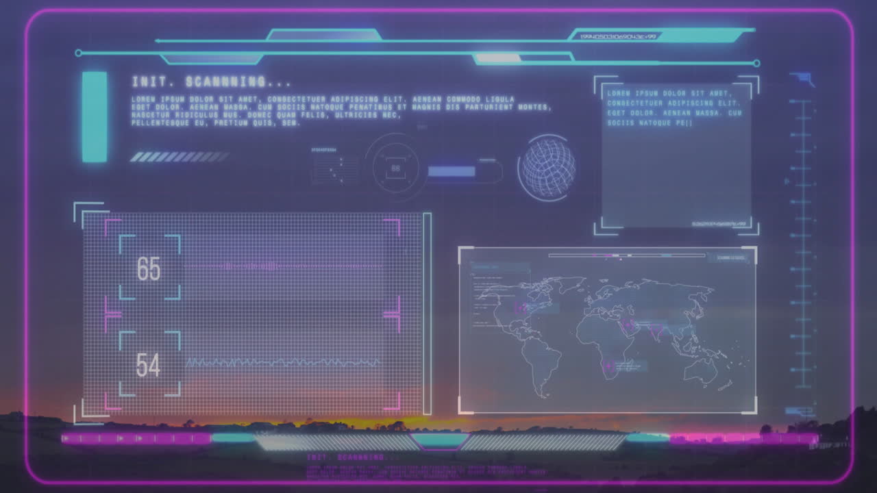 Futuristic neon HUD overlay glowing over sunset, scanning data and highlighting charts and bars