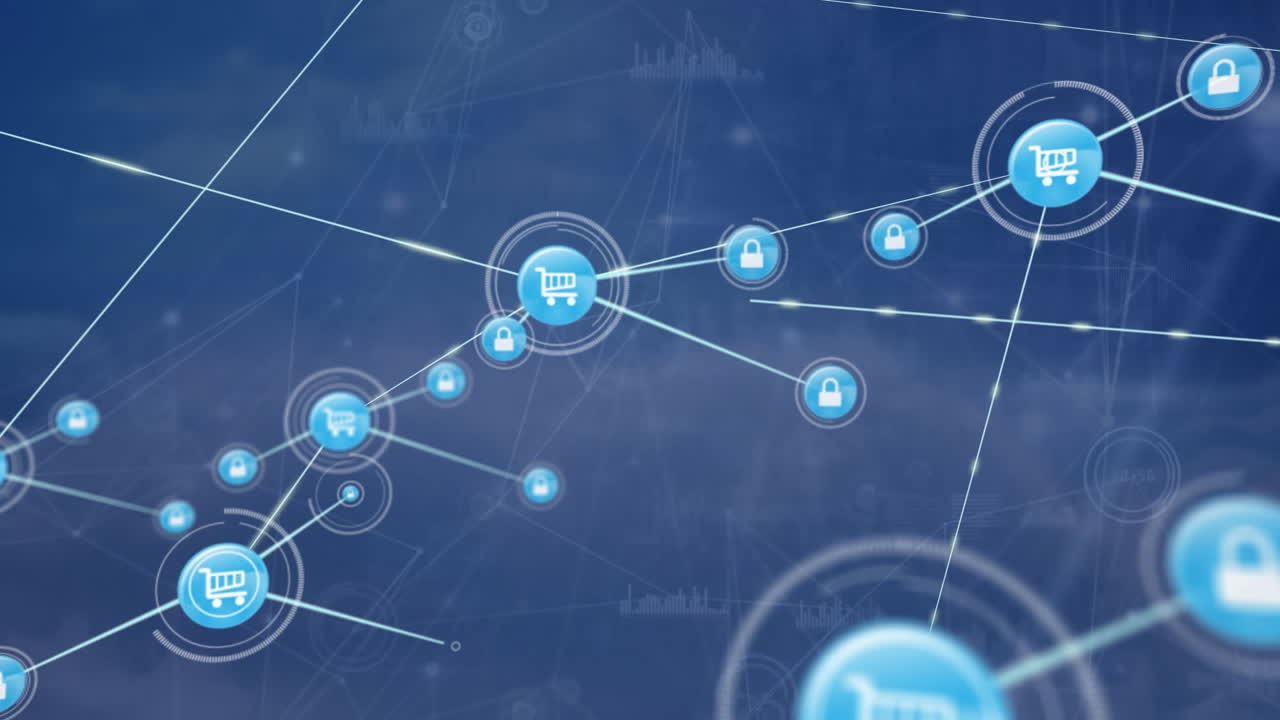 animación de redes de iconos de carrito de compras y personas sobre la placa base sobre fondo de cielo azul