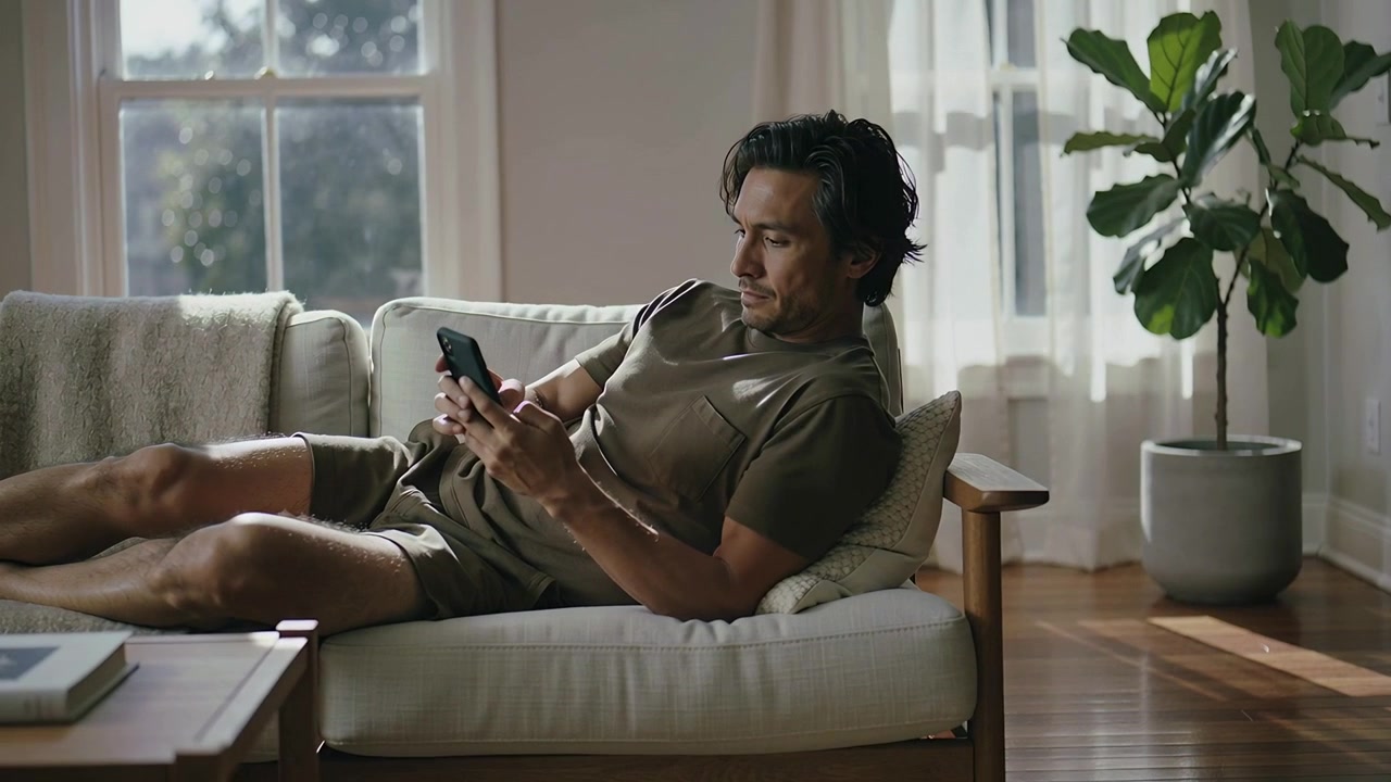 Notification arriving, man in loungewear checking messages on phone on sofa at home, adjusting legs