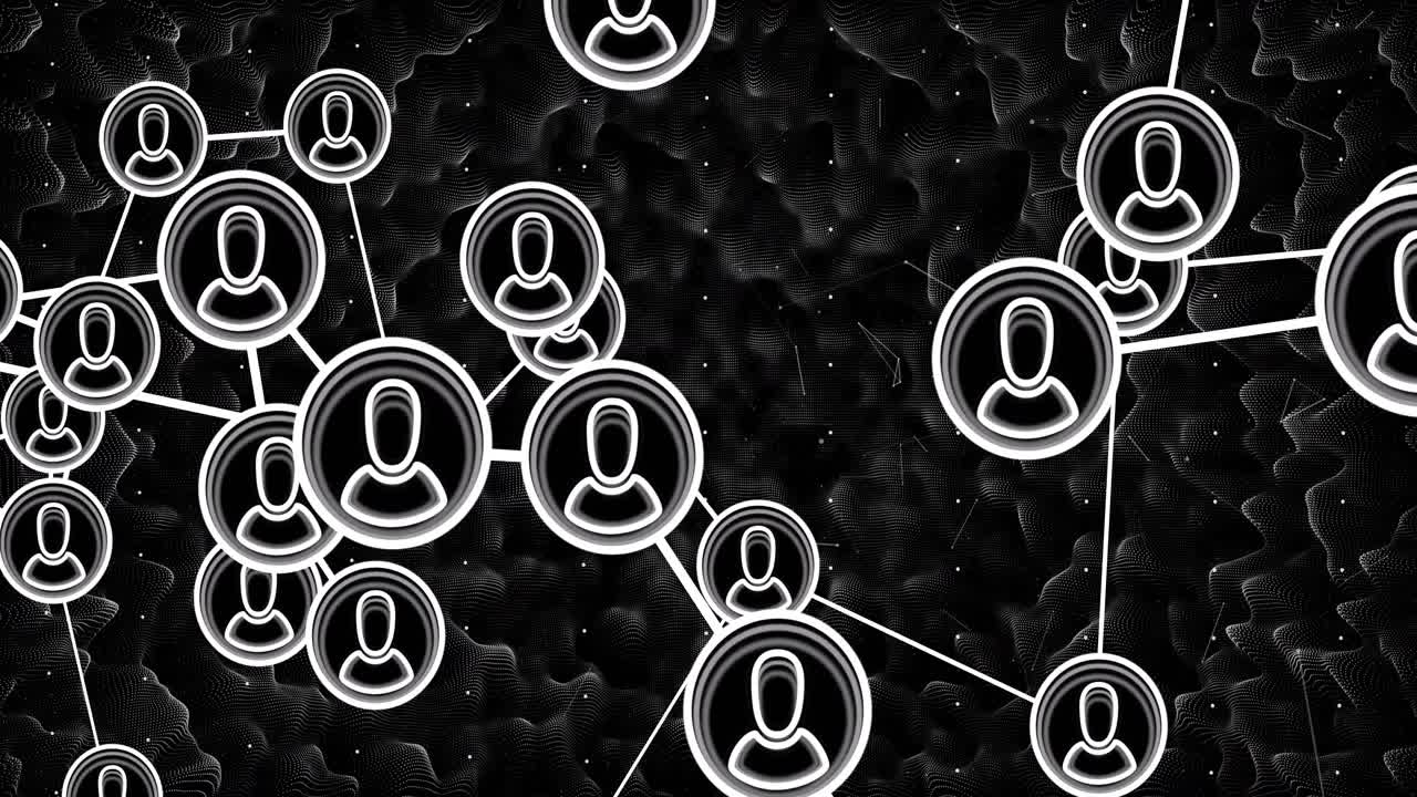 Network of user avatar icons animating in abstract digital mesh, featuring thin connecting lines