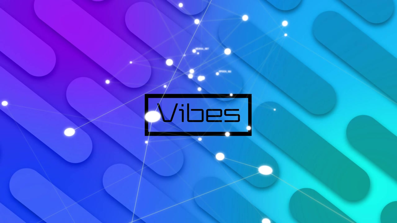 Tiny glitch pixels popping at logo edge starting particle web around Vibes logo, revealing branding