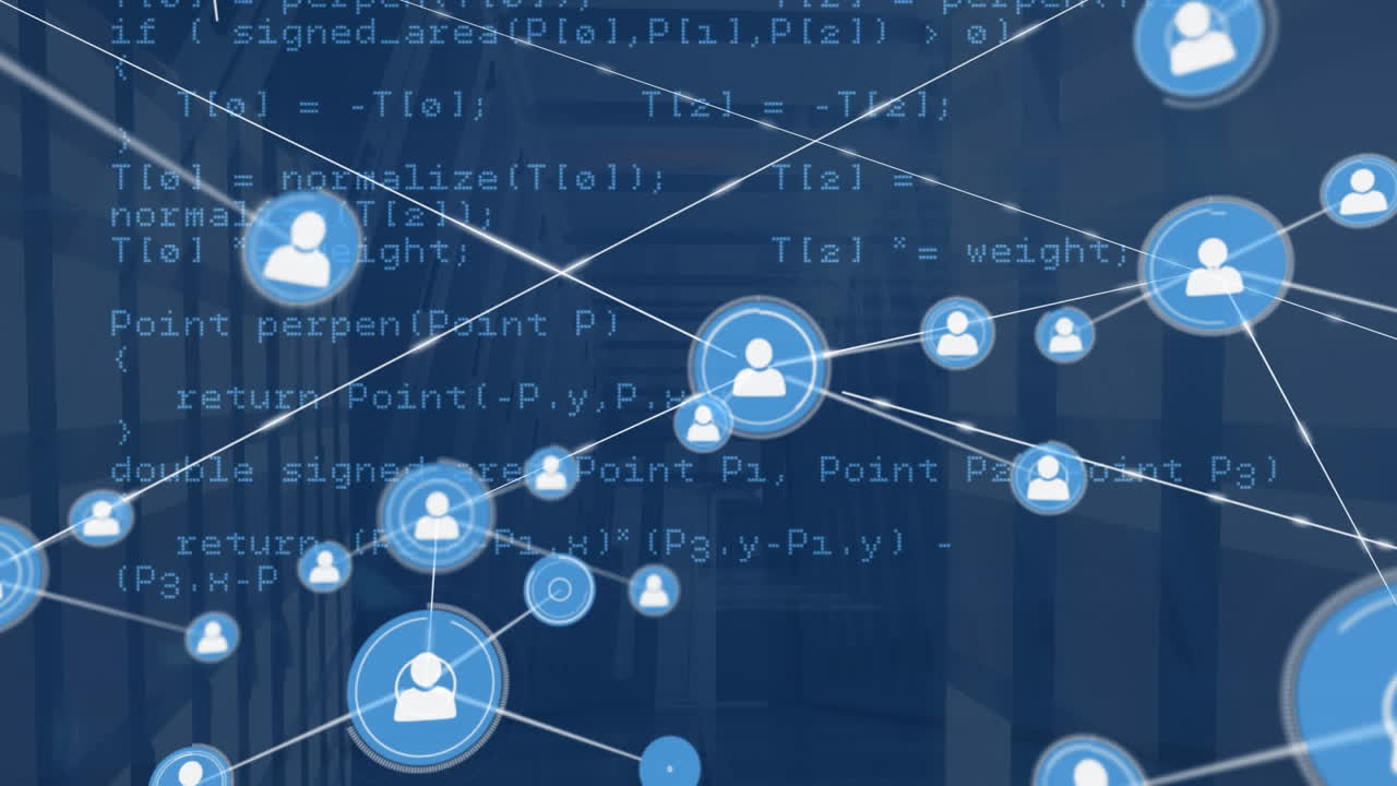 Animation of network of connections with icons over computer servers