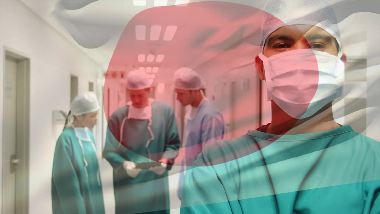 animación de la bandera de japón ondeando sobre los cirujanos en el quirófano