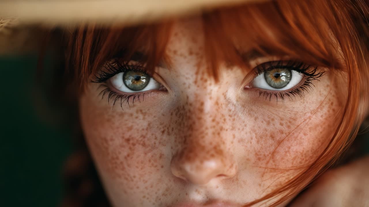 Captivating Close-Up of a Freckled Redhead with Striking Green Eyes and a Soft Expression, Showcasing Natural Beauty and Intricate Details in a Warm, Engaging Portrait