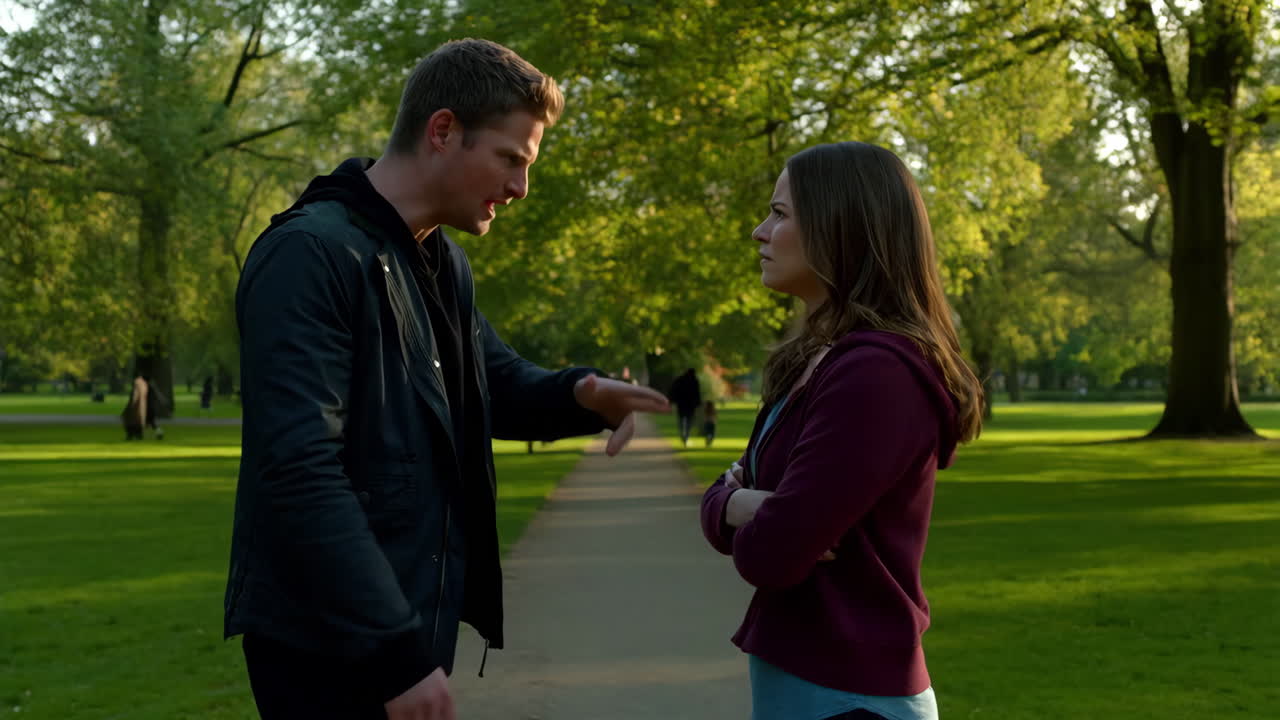 A man and woman having a serious conversation or argument in a park