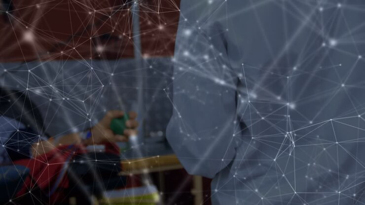 Animation of network of connections and data processing over doctor and blood donor