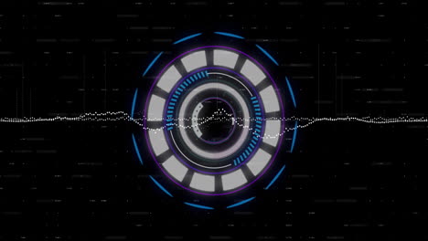 animación del procesamiento de datos y escáner redondo de neón girando contra un fondo negro.