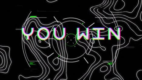 animation of white text, you win, with rotating safe lock and moving topographical chart, on black