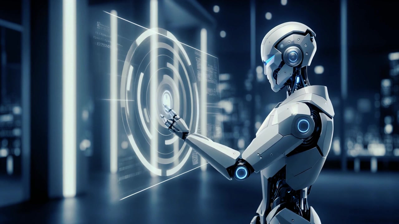 Advanced Humanoid Robot Interacting with Holographic Interface in Modern Laboratory