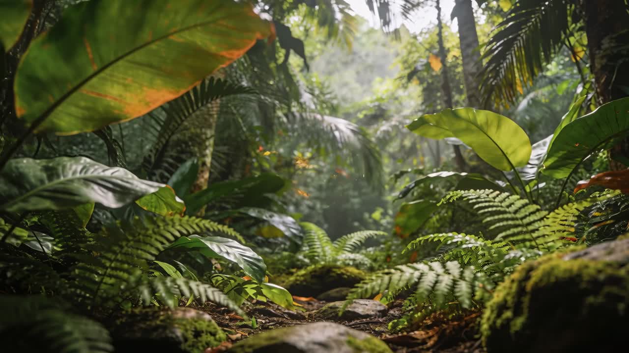 Telecamera che scorre con visuale bassa lungo un sentiero nella foresta pluviale, rivelando felci e una radura illuminata dal sole.