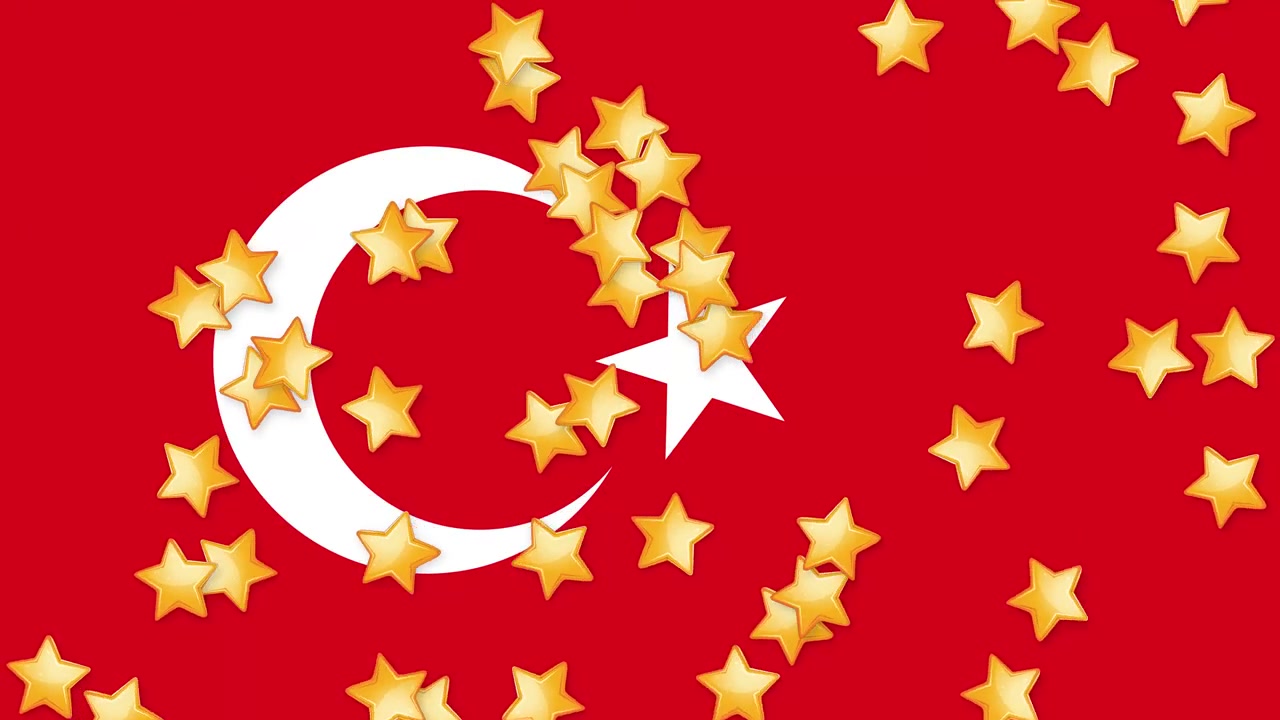 Beyaz hilal ve yıldız içeren kırmızı bir arka plan üzerinde sürekli düşen küçük altın yıldızlar
