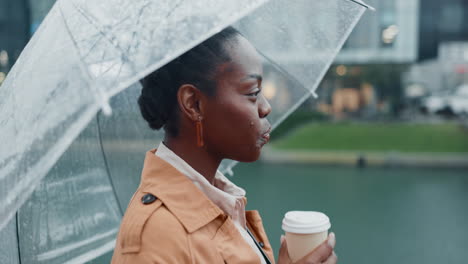 black woman, walking in city with coffee