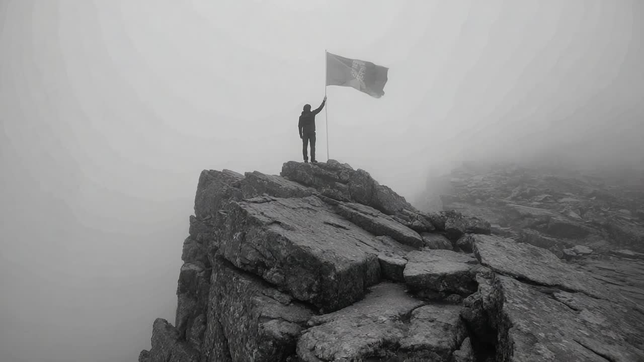 Una figura solitaria si erge trionfante sulla cima di una montagna impervia, sventolando con fierezza una bandiera in mezzo alla nebbia vorticosa che avvolge il paesaggio roccioso, simboleggiando successo e resilienza.