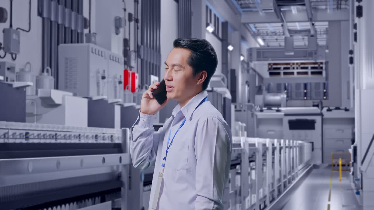 Side View Asian Male Professional Worker Standing At Pharmaceutical Factory, Vaccine Production Facility, He Pick The Phone Up And Started To Specking To It With A Slicely Smile