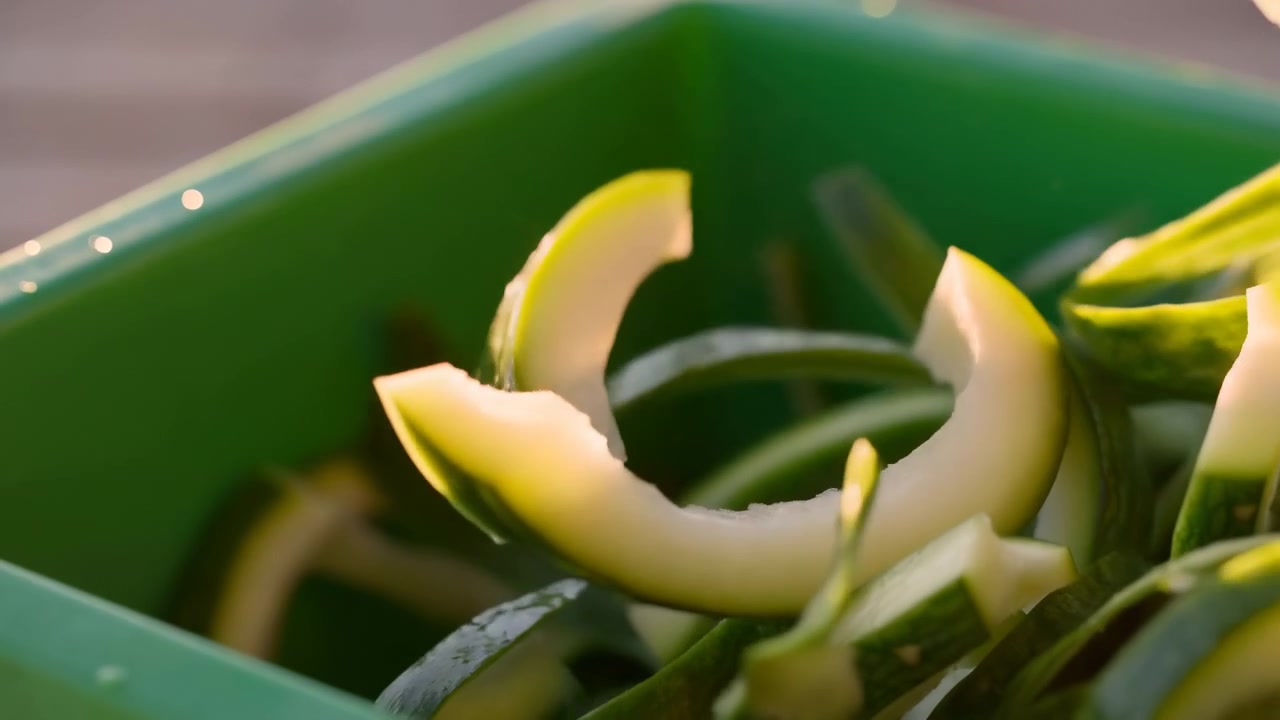 Close view captures sliced zucchini pieces resting in green container as curled strips shift position, highlighting fresh vegetable texture, pale surfaces, and detailed food preparation composition.