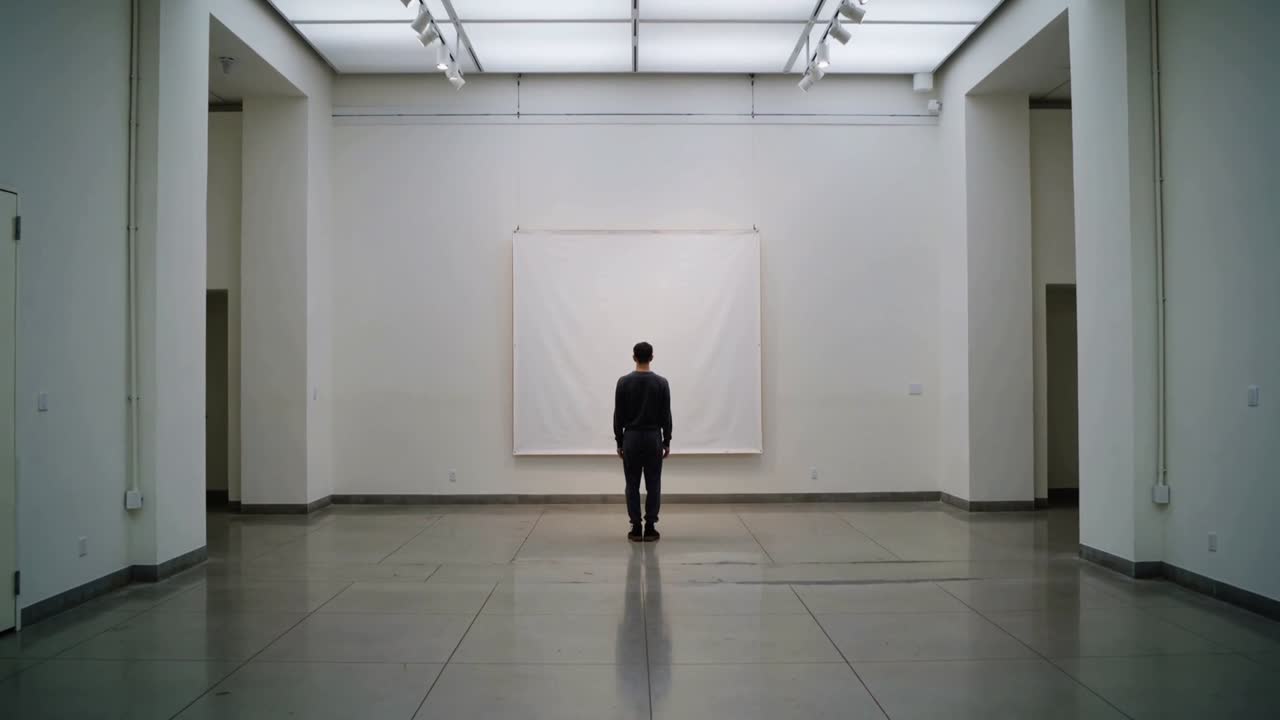 Standing man in dark jacket contemplating blank canvas at gallery on start, showing reflection