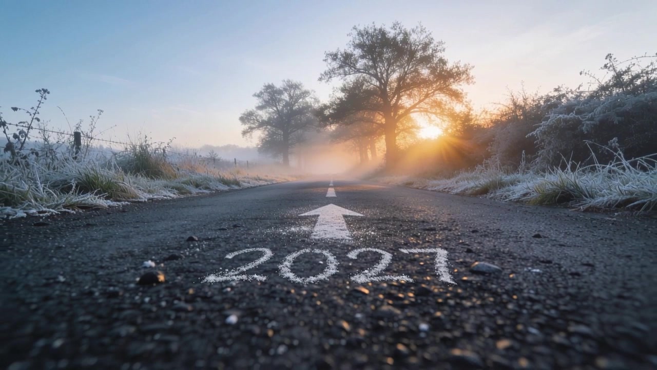Ripresa dal basso in avanzamento che cattura il 2021 scritto col gesso e una freccia bianca sulla corsia, all'alba con nebbia che si dirada