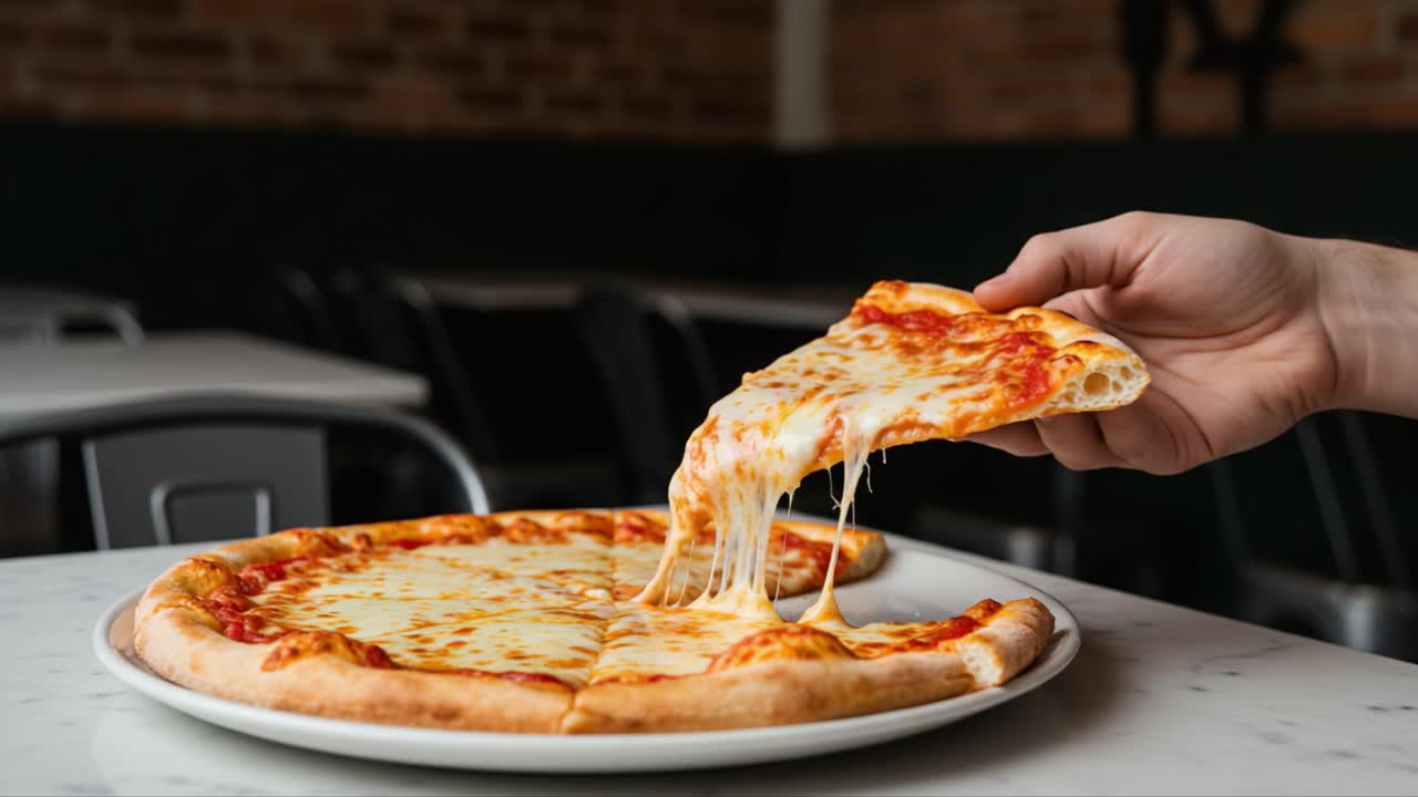 Deliciously Cheesy Pizza: A Hand Reaches to Pull a Slice from a Thin-Crusted Pie with Melting Mozzarella, Captivating Food Lovers with Every Stretch and Bite
