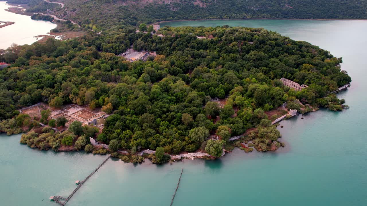 Aerial of Butrint national park in Albania, ancient Roman site