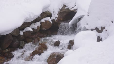 Yamanouchi-Mountain-Steam,-Slow-motion-Water-in-Snowy-Landscape