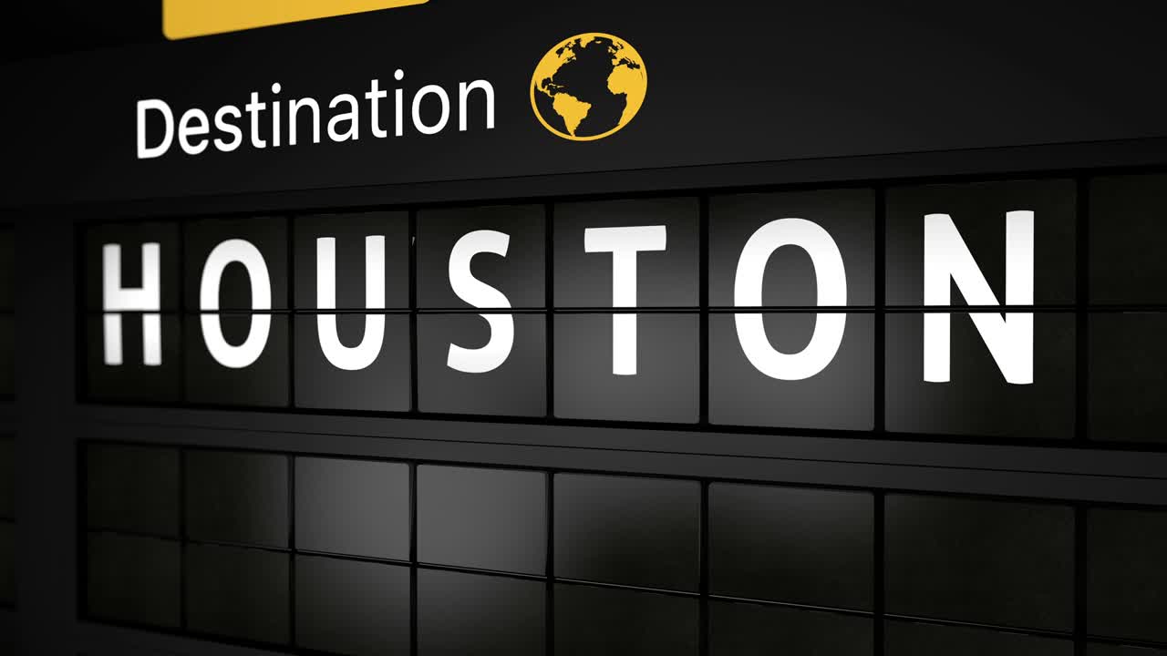 Animazione 3D generata, tabellone analogico delle informazioni di volo con la città di arrivo Houston.