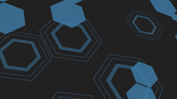 Flying blue hexagons geometric pattern on black gradient