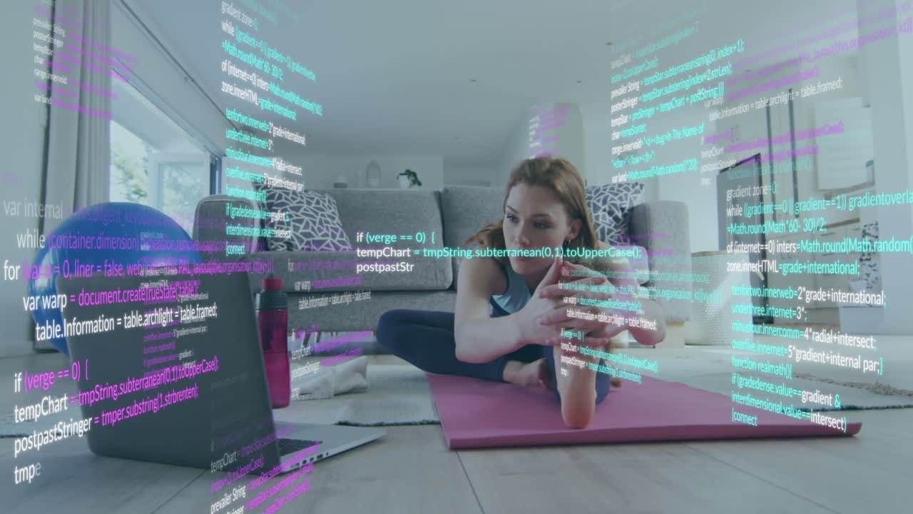 Animation of caucasian woman stretching, exercising with laptop and data processing