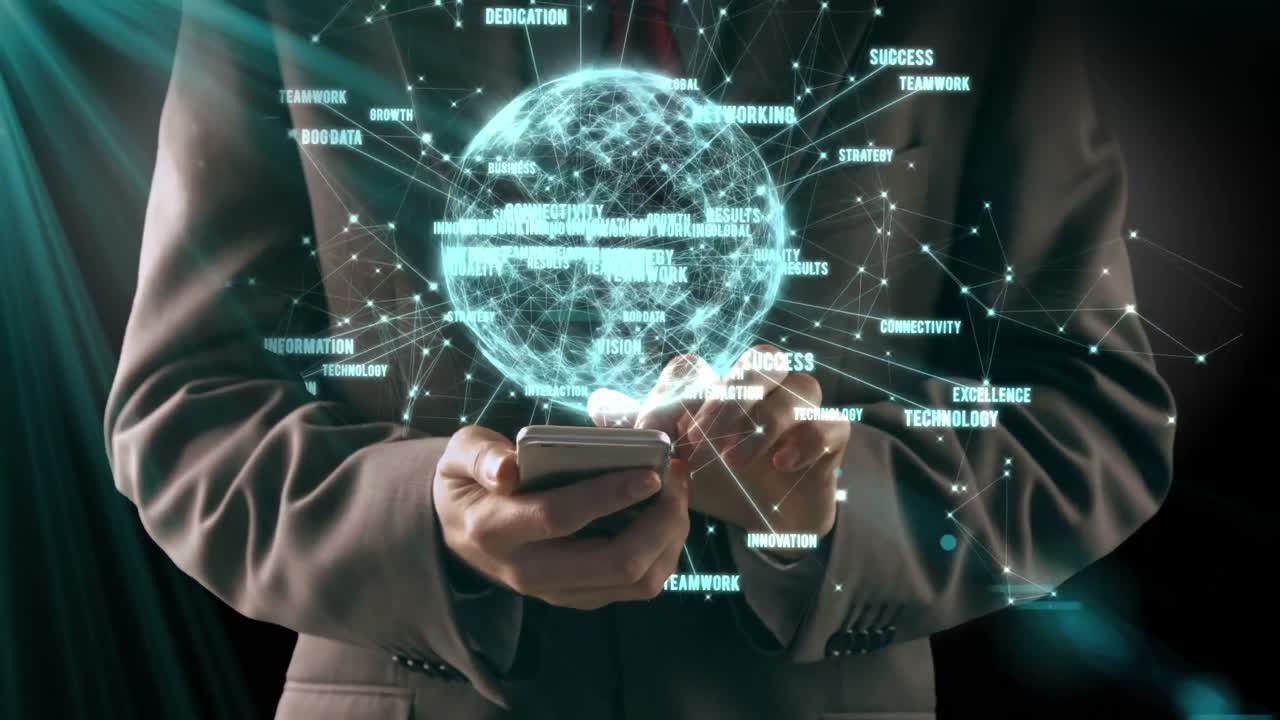 Tangan menyentuh ponsel dengan antarmuka digital virtual