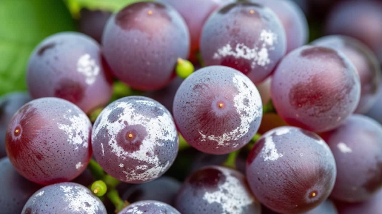 A Close-Up View of Juicy Grapes Highlighting Their Plump Texture and Reflective Surface, Showcasing the Rich, Deep Purple Coloration and Freshness of Each Fruit