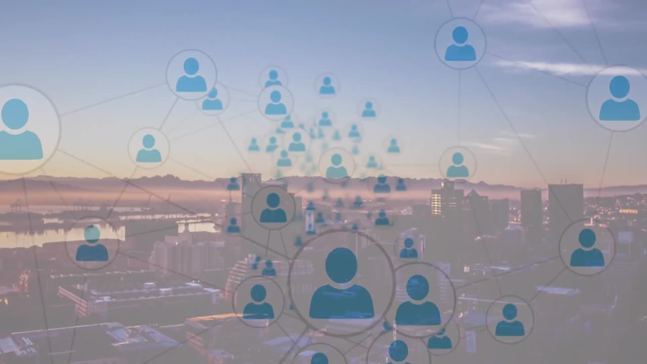 도시 풍경 위의 아이콘으로 연결된 네트워크의 애니메이션