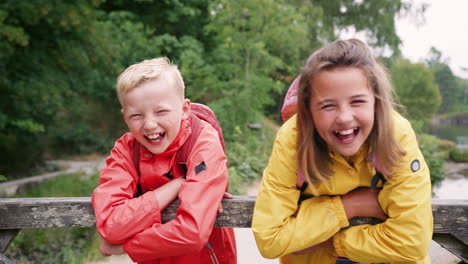 brother and sister leaning on a wooden fence in the countryside laughing, close up, lake district, uk