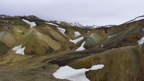 drone aerial footage of landmannalaugar landscape in iceland highlands.