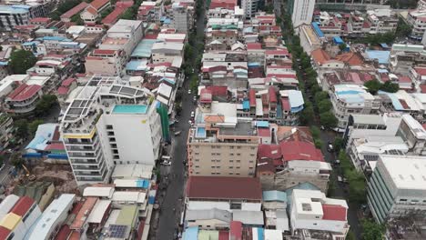 aerial footage in phnom penh city center, cambodia. drone camera is moving from the tonle river to the old quarters of the capital 2-2