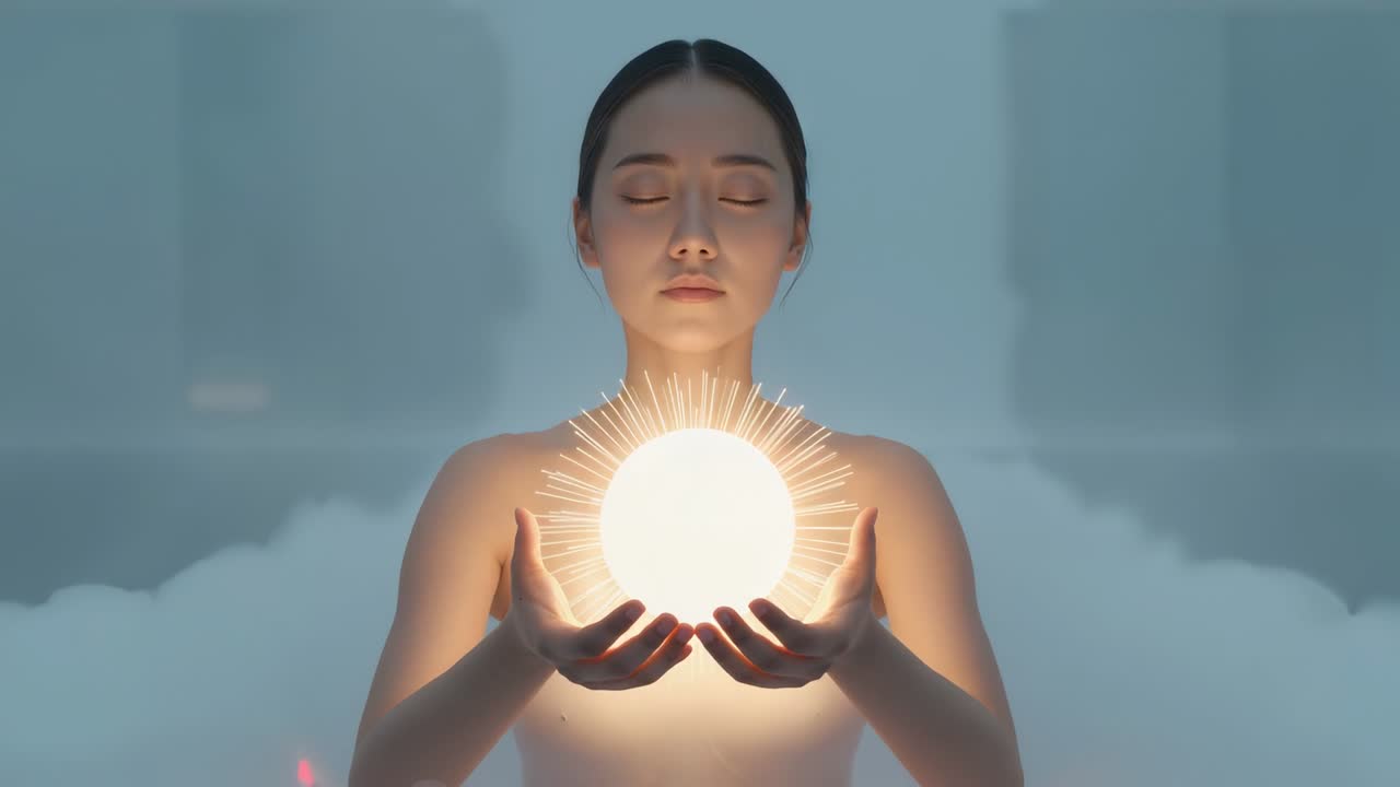 Rispondendo a sfera luminosa, donna in canottiera che solleva una sfera luminosa fino al mento in studio, nebbia