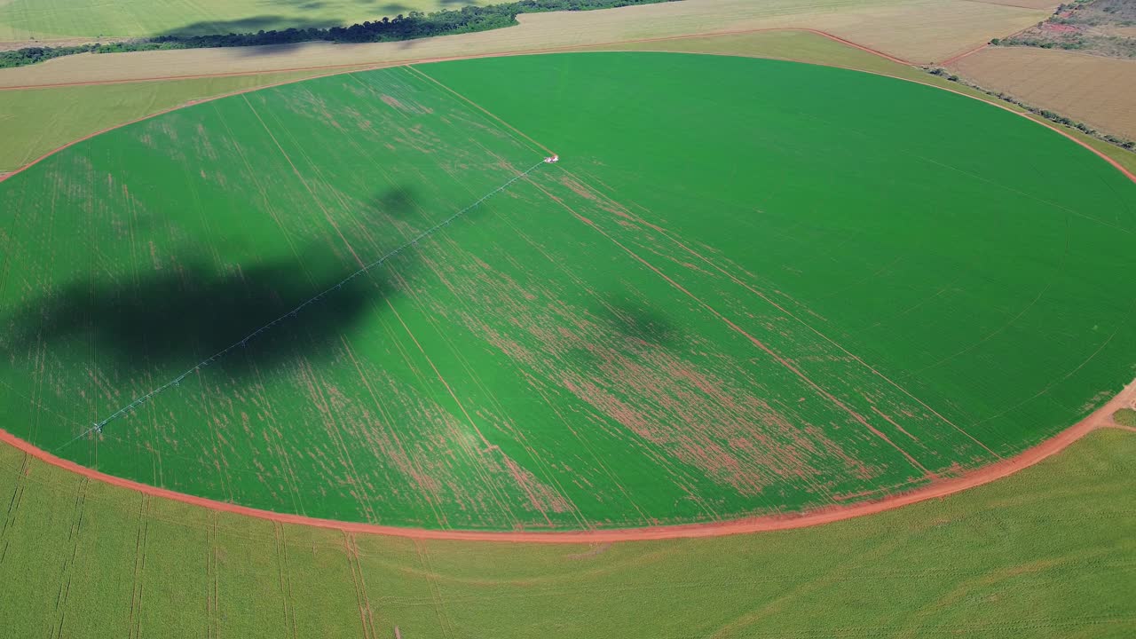 Ripresa con drone di un sistema di irrigazione a pivot centrale verde che irriga un grande campo coltivato agricolo