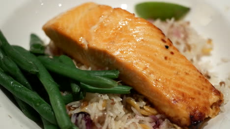 close-up of the main course salmon inside the keg steakhouse and bar with 4k resolution