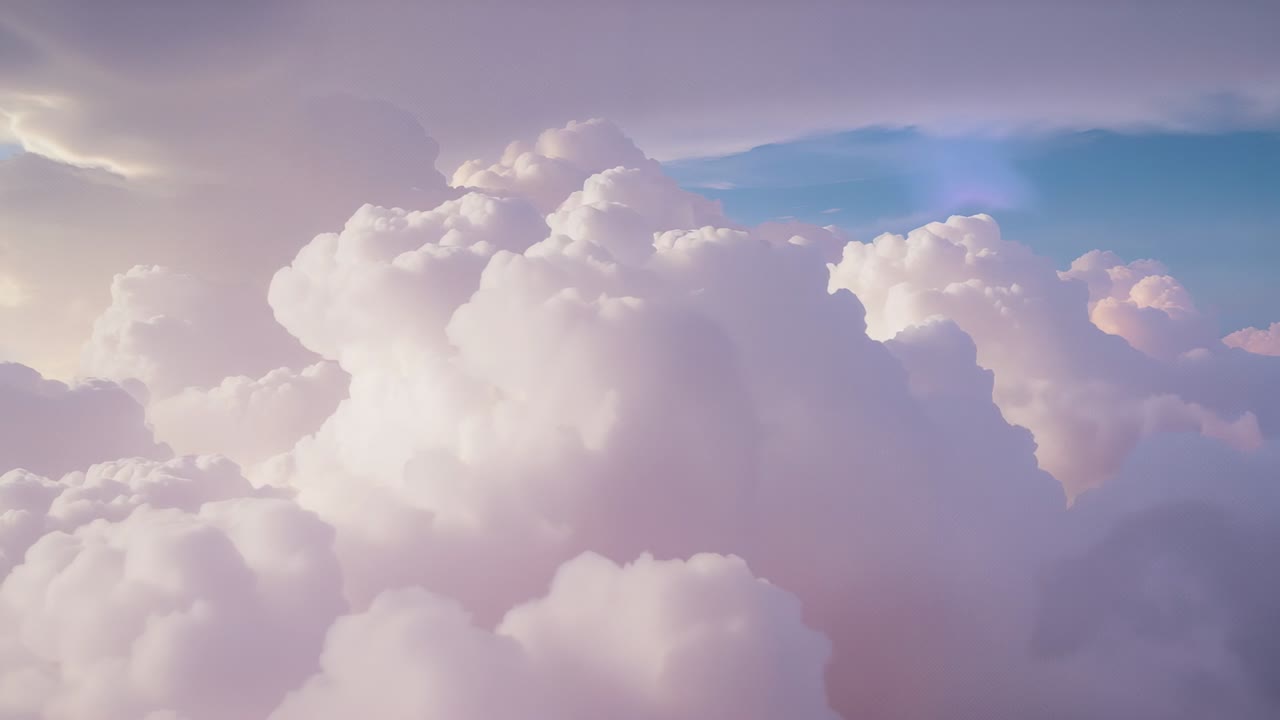 Camera gliding through sunrise lit cumulus clouds high above Earth, capturing shifting hues